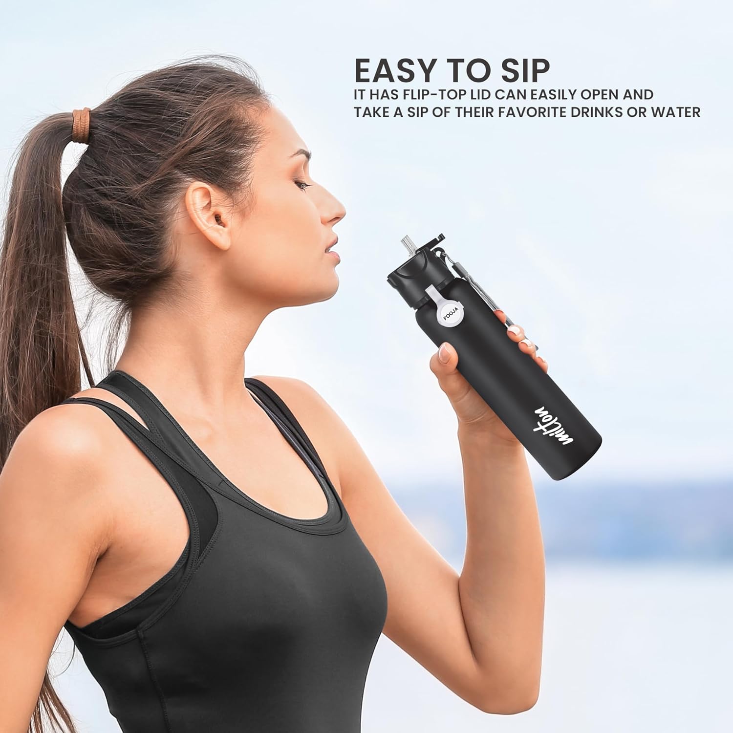 MILTON Sipstar 1000 Stainless Steel Sipper Water Bottle Single Walled Leak Proof Lid, 875 ML, Black