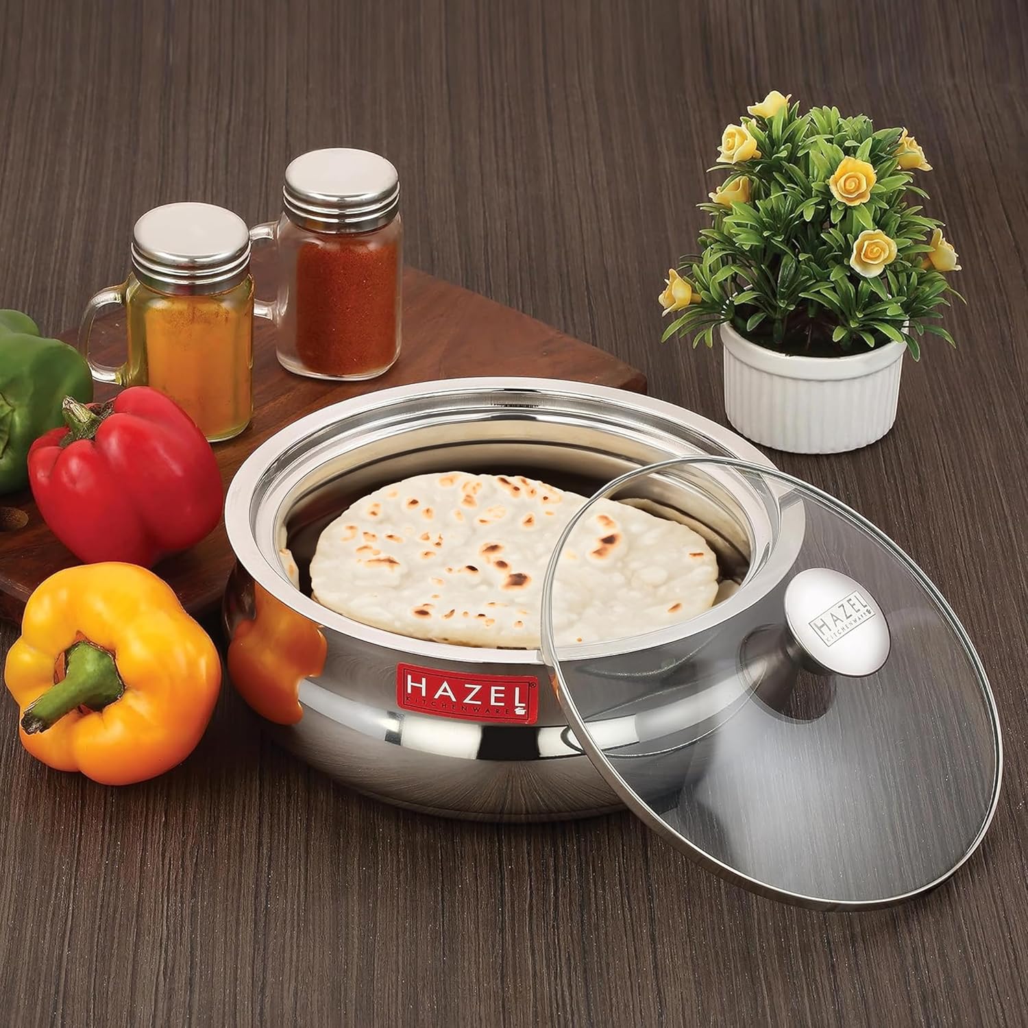 HAZEL Stainless Steel Casserole for Roti With Glass Lid | Chapati Casserole with Transparent Lid | Steel Roti Dabba for Serving | Hotcase for food serving, 1250 ML, Silver