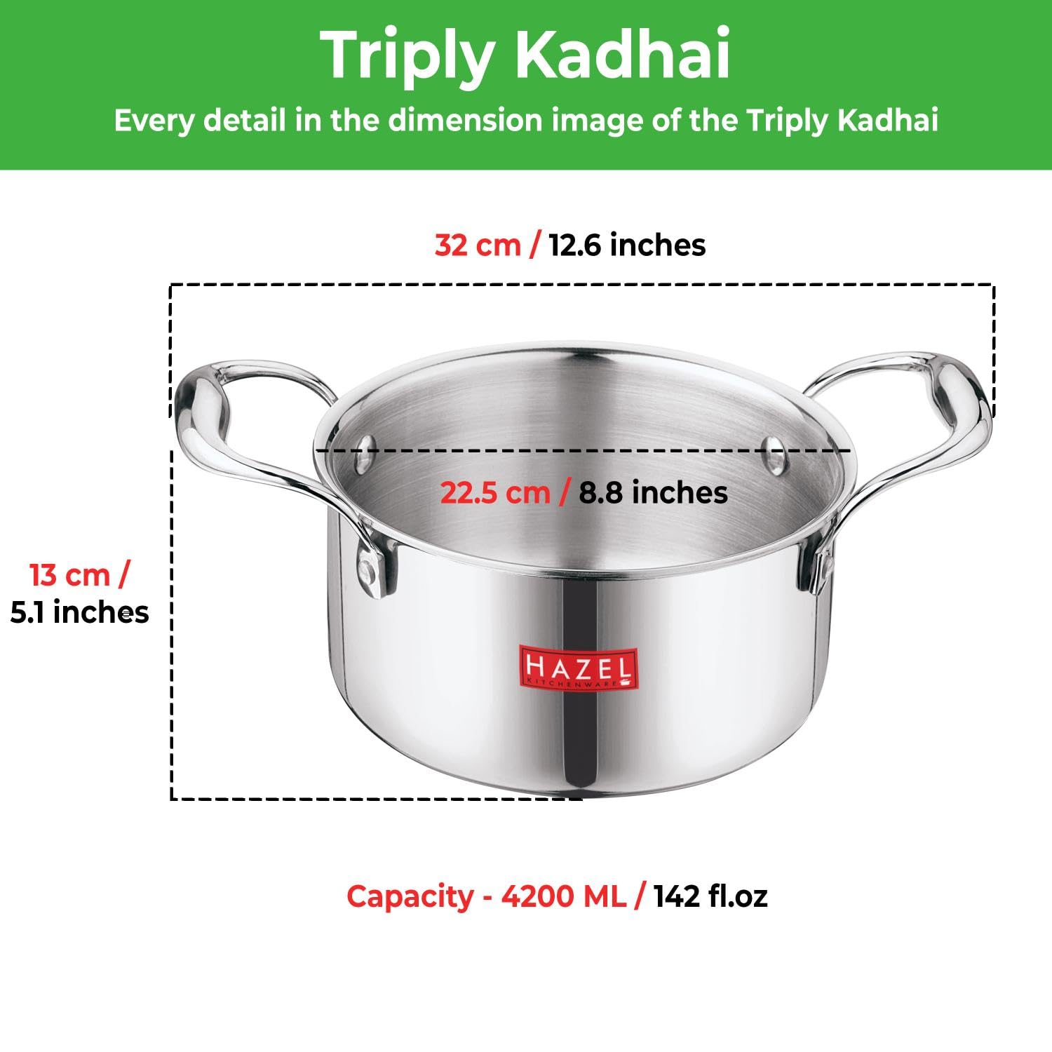 HAZEL Triply Stainless Steel Induction Bottom Cook and Serve Casserole With Stainless Steel Lid, 4.2 Litre, 22.5 cm