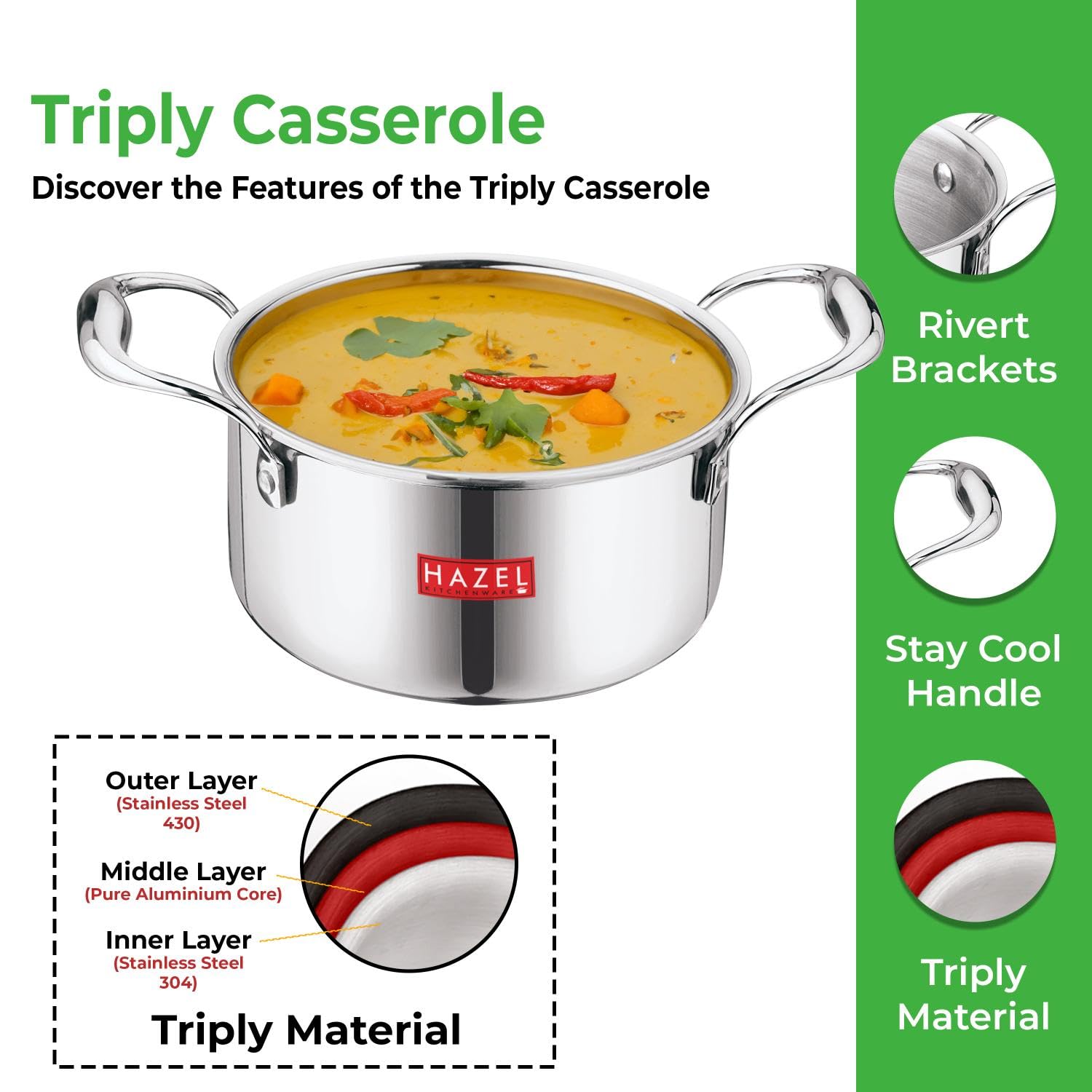 HAZEL Triply Stainless Steel Induction Bottom Cook and Serve Casserole With Stainless Steel Lid, 4.2 Litre, 22.5 cm