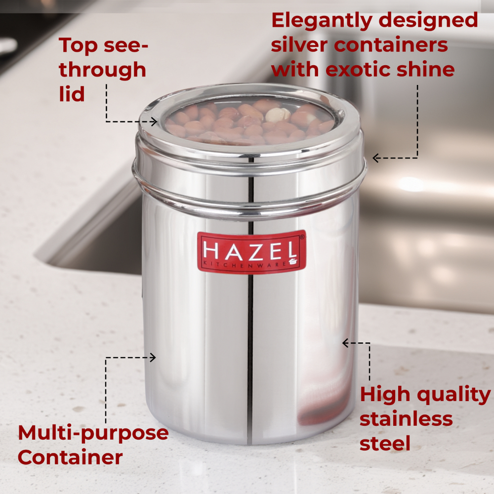 HAZEL Stainless Steel Kitchen Container with Transparent Lid | Top See Through Kitchen Container Set with Matt Finish | Multipurpose Container for Kitchen Storage, 700 ML