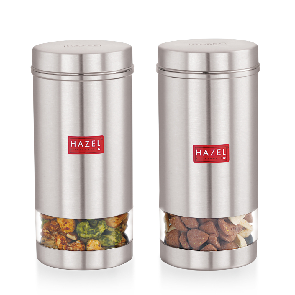 HAZEL Stainless Steel Transparent See Through Container, Silver,Set of 2, 1 Ltr