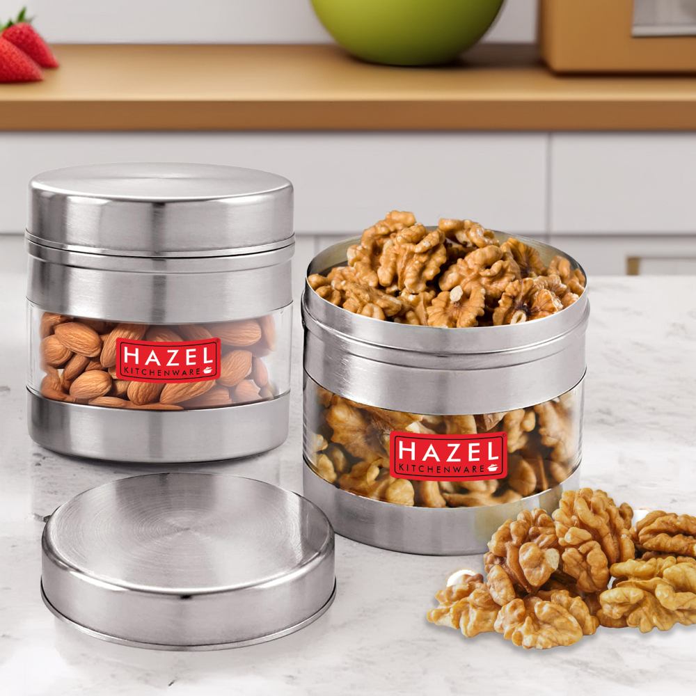 HAZEL Stainless Steel Transparent Wide Mouth See Through Container, Silver, Set of 2, 500 Ml