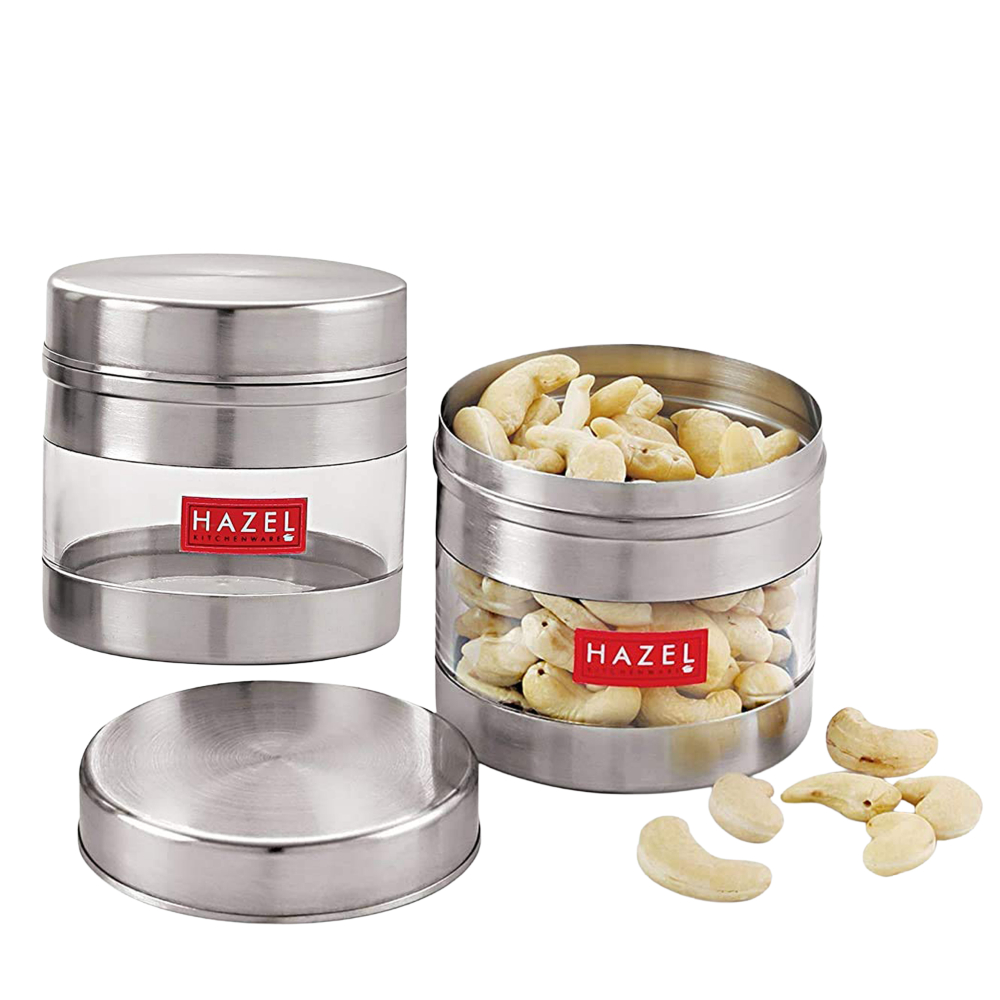 HAZEL Stainless Steel Transparent Wide Mouth See Through Container, Silver, Set of 2, 500 Ml