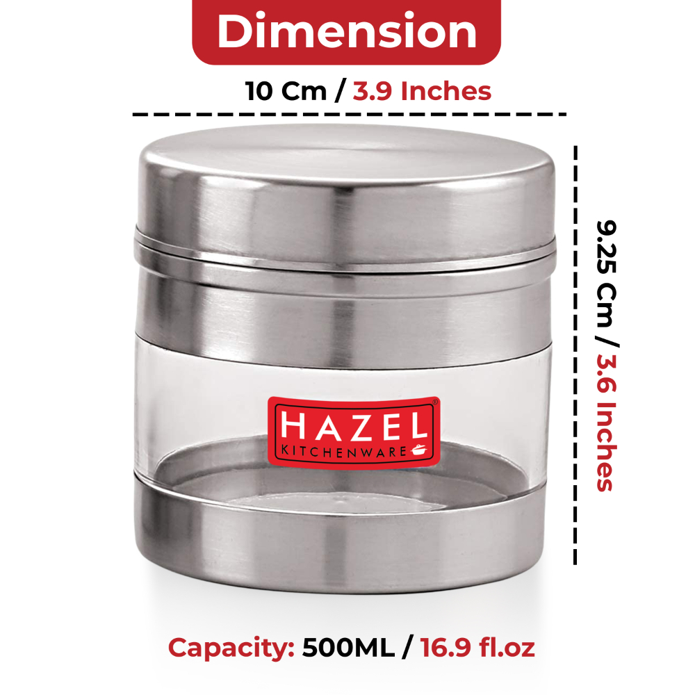 HAZEL Stainless Steel Transparent Wide Mouth See Through Container, Silver, Set of 2, 500 Ml