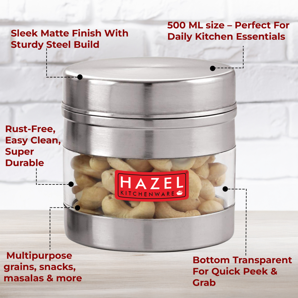 HAZEL Stainless Steel Transparent Wide Mouth See Through Container, Silver, Set of 2, 500 Ml