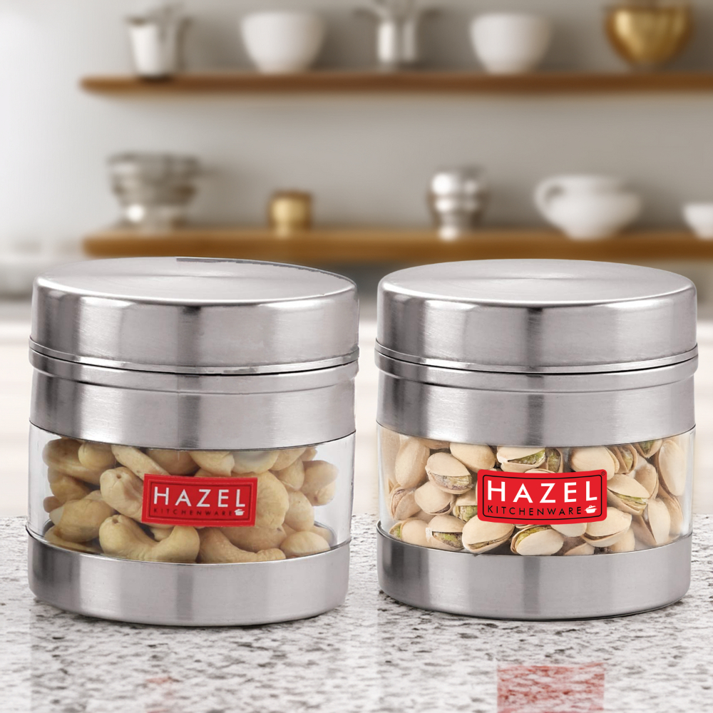 HAZEL Stainless Steel Transparent Wide Mouth See Through Container, Silver, Set of 2, 500 Ml