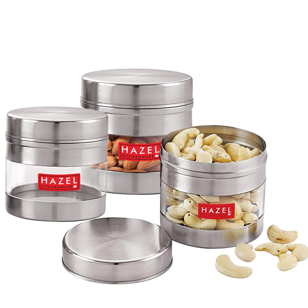 HAZEL Stainless Steel Transparent Wide Mouth See Through Container, Silver, Set of 3, 500 Ml