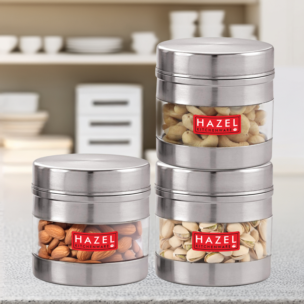 HAZEL Stainless Steel Transparent Wide Mouth See Through Container, Silver, Set of 3, 500 Ml