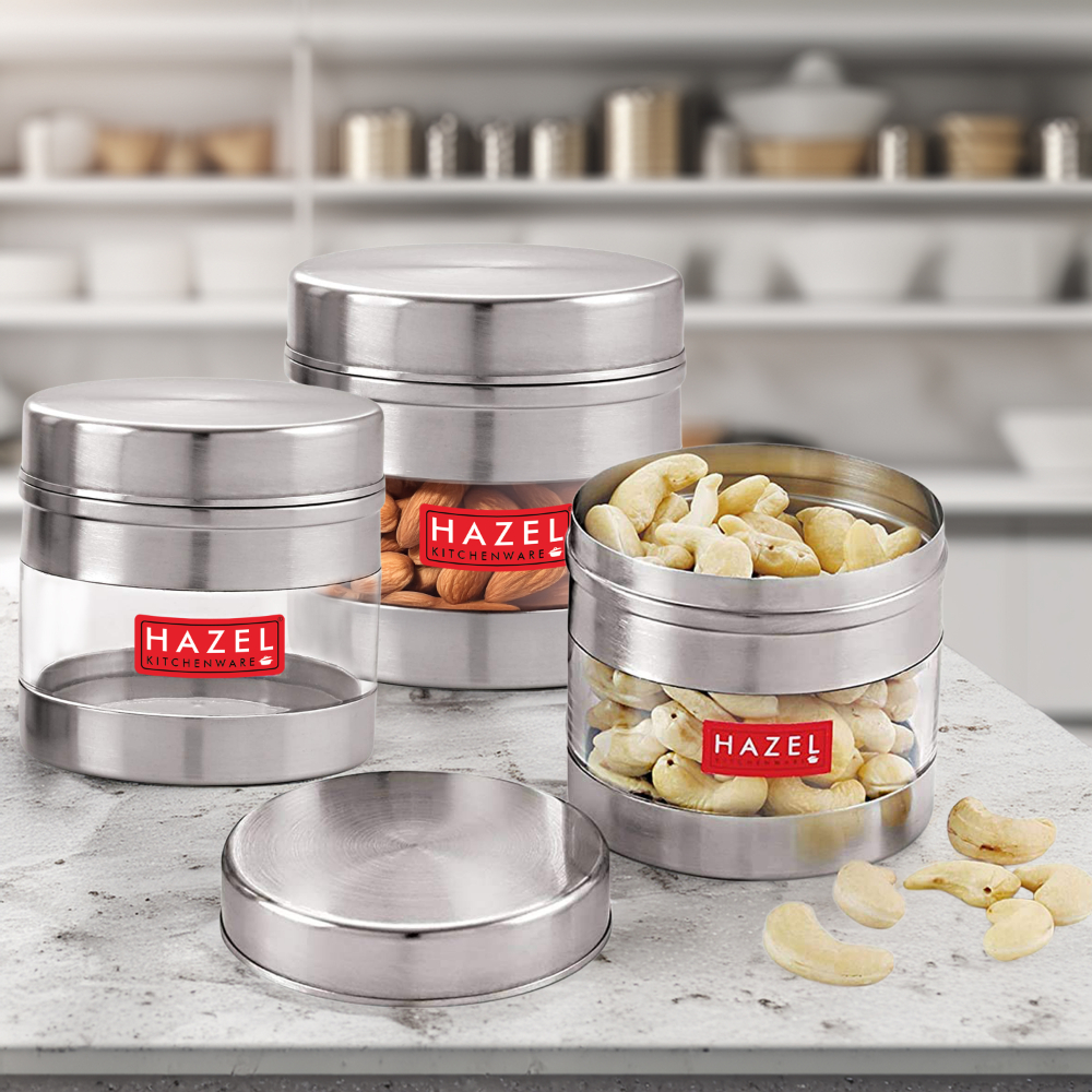HAZEL Stainless Steel Transparent Wide Mouth See Through Container, Silver, Set of 3, 500 Ml