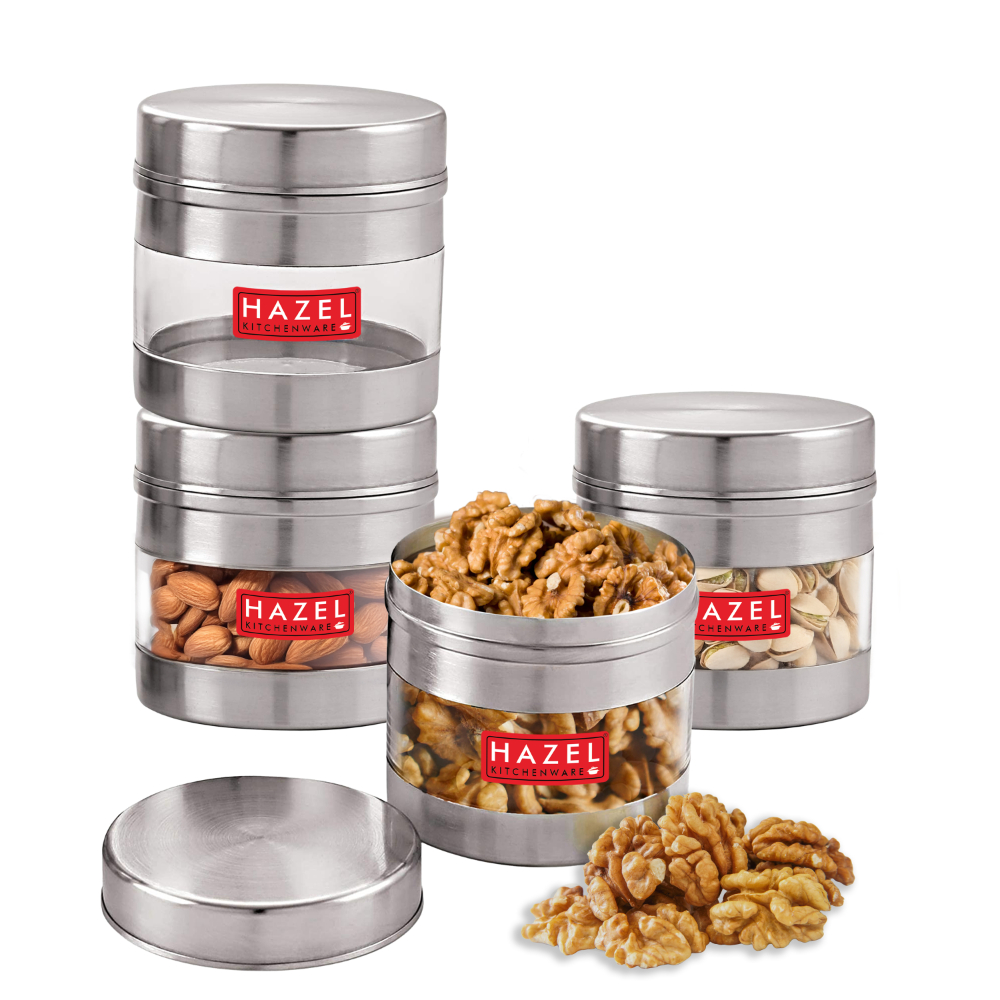 HAZEL Stainless Steel Transparent Wide Mouth See Through Container, Silver, Set of 4, 500 Ml
