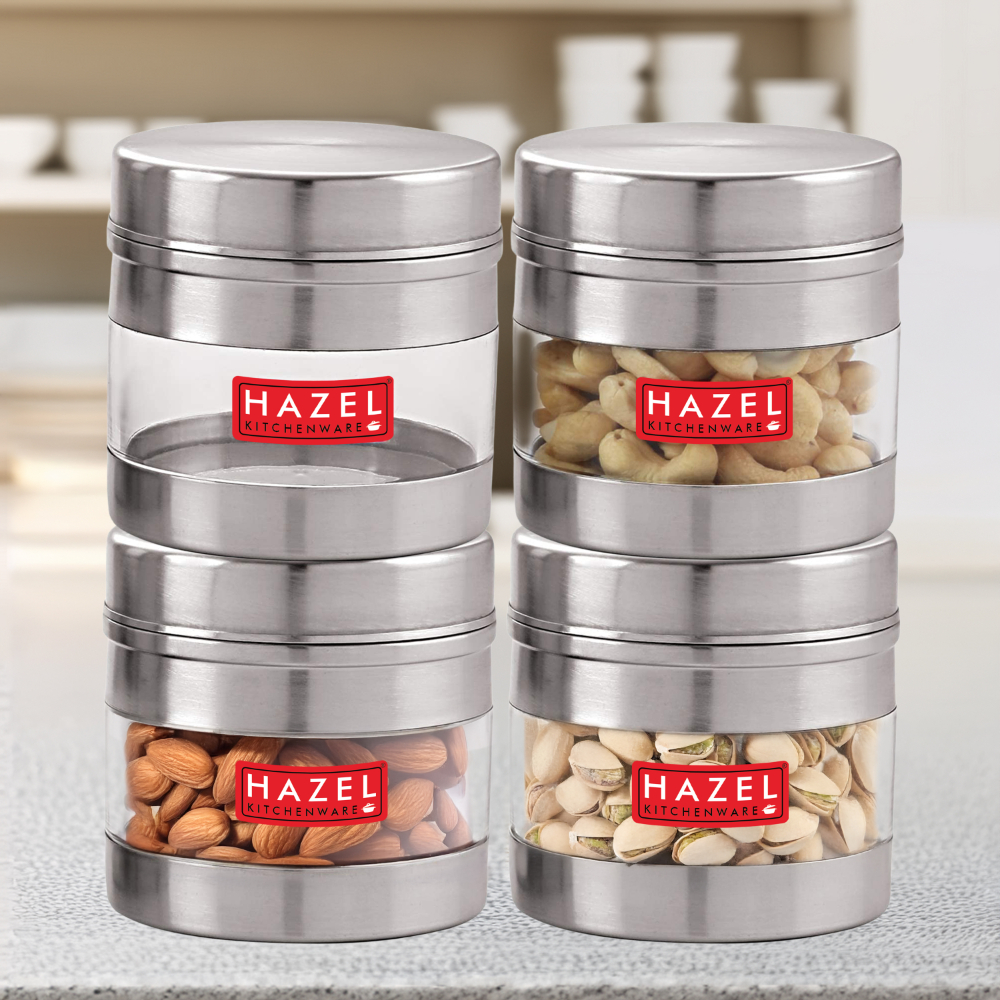HAZEL Stainless Steel Transparent Wide Mouth See Through Container, Silver, Set of 4, 500 Ml