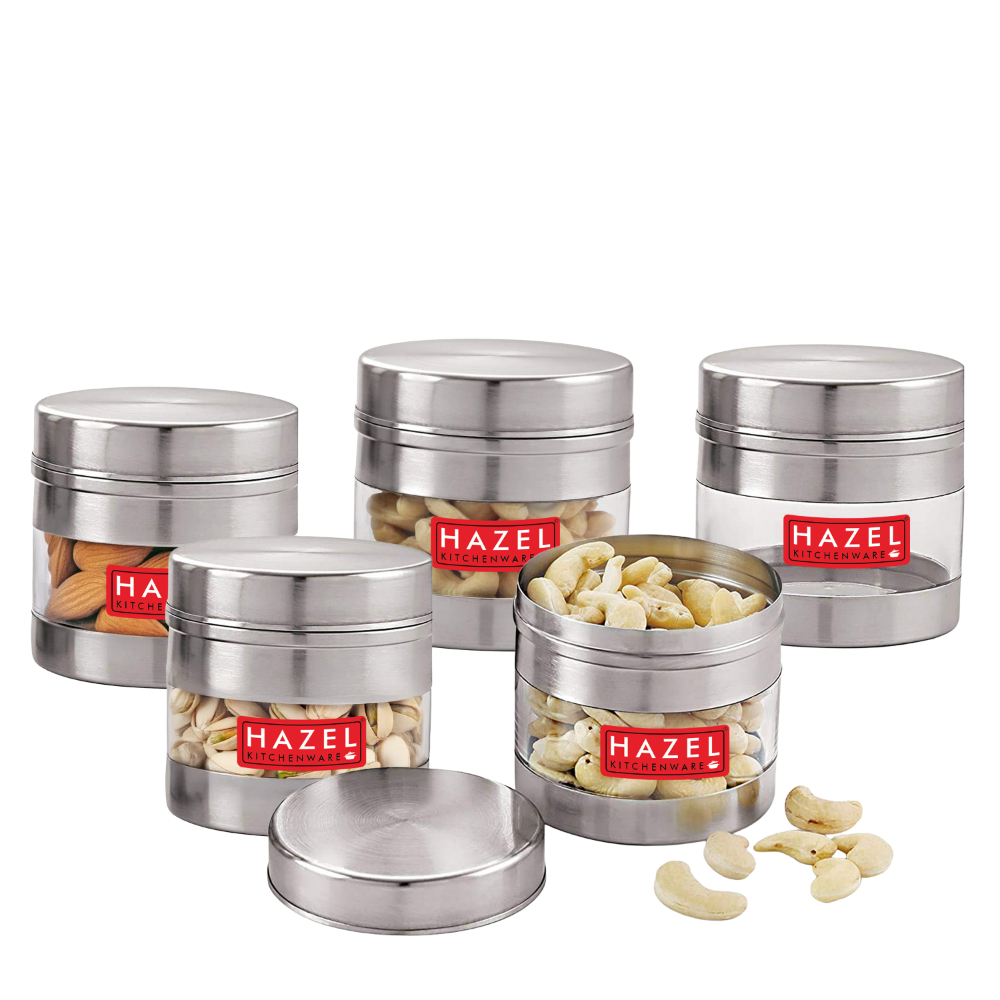 HAZEL Stainless Steel Transparent Wide Mouth See Through Container, Silver, Set of 5, 500 Ml