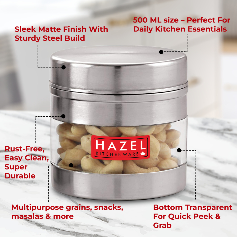 HAZEL Stainless Steel Transparent Wide Mouth See Through Container, Silver, Set of 5, 500 Ml