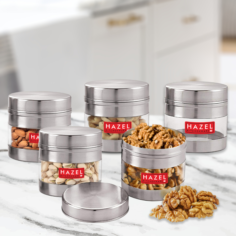 HAZEL Stainless Steel Transparent Wide Mouth See Through Container, Silver, Set of 5, 500 Ml