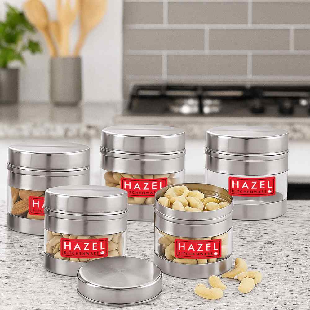 HAZEL Stainless Steel Transparent Wide Mouth See Through Container, Silver, Set of 5, 500 Ml