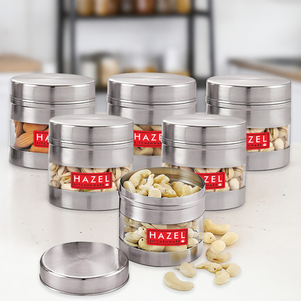 HAZEL Stainless Steel Transparent Wide Mouth See Through Container, Silver, Set of 6, 500 Ml