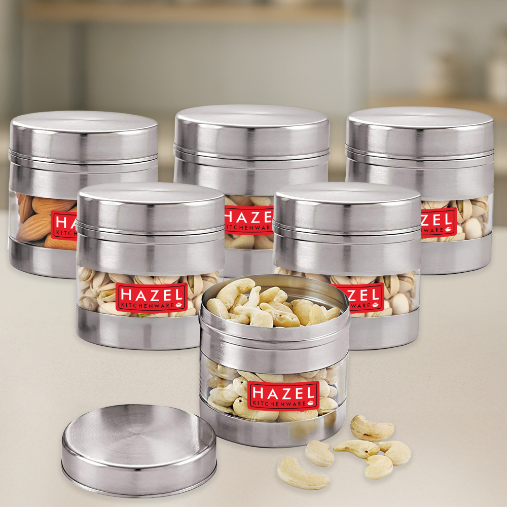 HAZEL Stainless Steel Transparent Wide Mouth See Through Container, Silver, Set of 6, 500 Ml