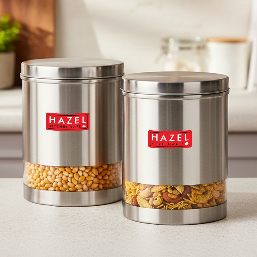 HAZEL Stainless Steel Transparent Wide Mouth See Through Container, Silver, Set of 2, 1350 Ml