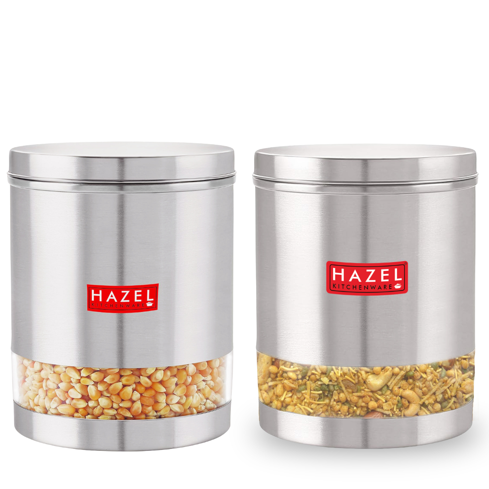 HAZEL Stainless Steel Transparent Wide Mouth See Through Container, Silver, Set of 2, 1350 Ml