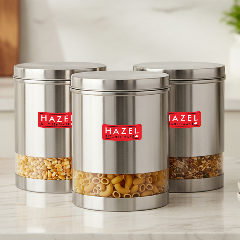 HAZEL Stainless Steel Transparent Wide Mouth See Through Container, Silver, Set of 3, 1350 Ml