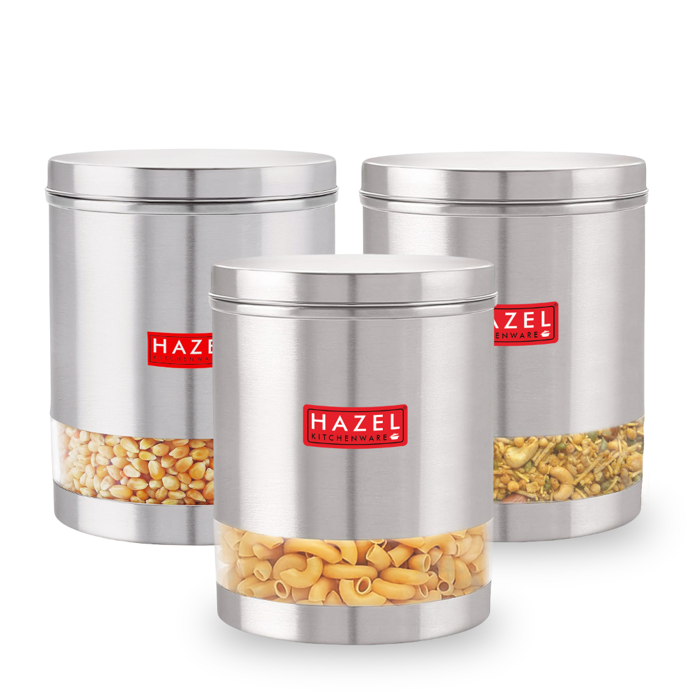 HAZEL Stainless Steel Transparent Wide Mouth See Through Container, Silver, Set of 3, 1350 Ml