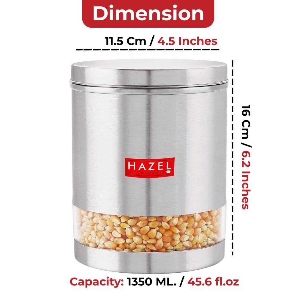 HAZEL Stainless Steel Transparent Wide Mouth See Through Container, Silver, Set of 3, 1350 Ml