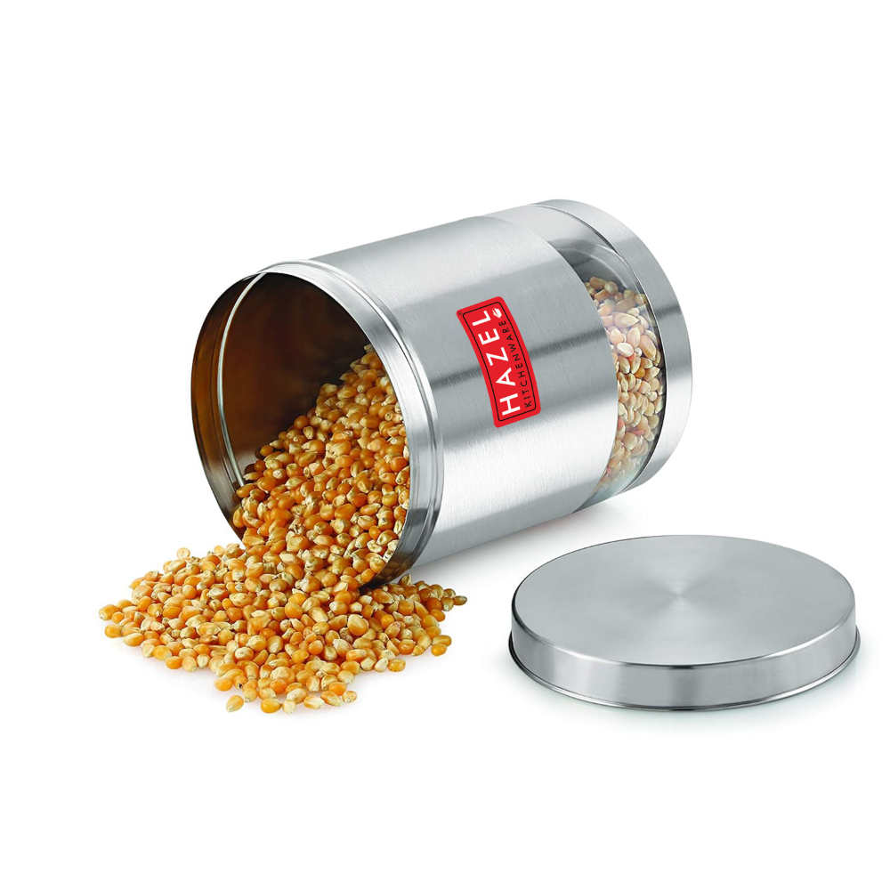 HAZEL Stainless Steel Transparent Wide Mouth See Through Container, Silver, Set of 3, 1350 Ml