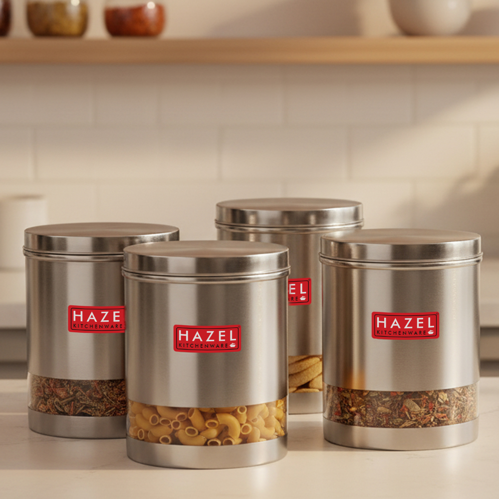 HAZEL Stainless Steel Transparent Wide Mouth See Through Container, Silver, Set of 4, 1350 Ml