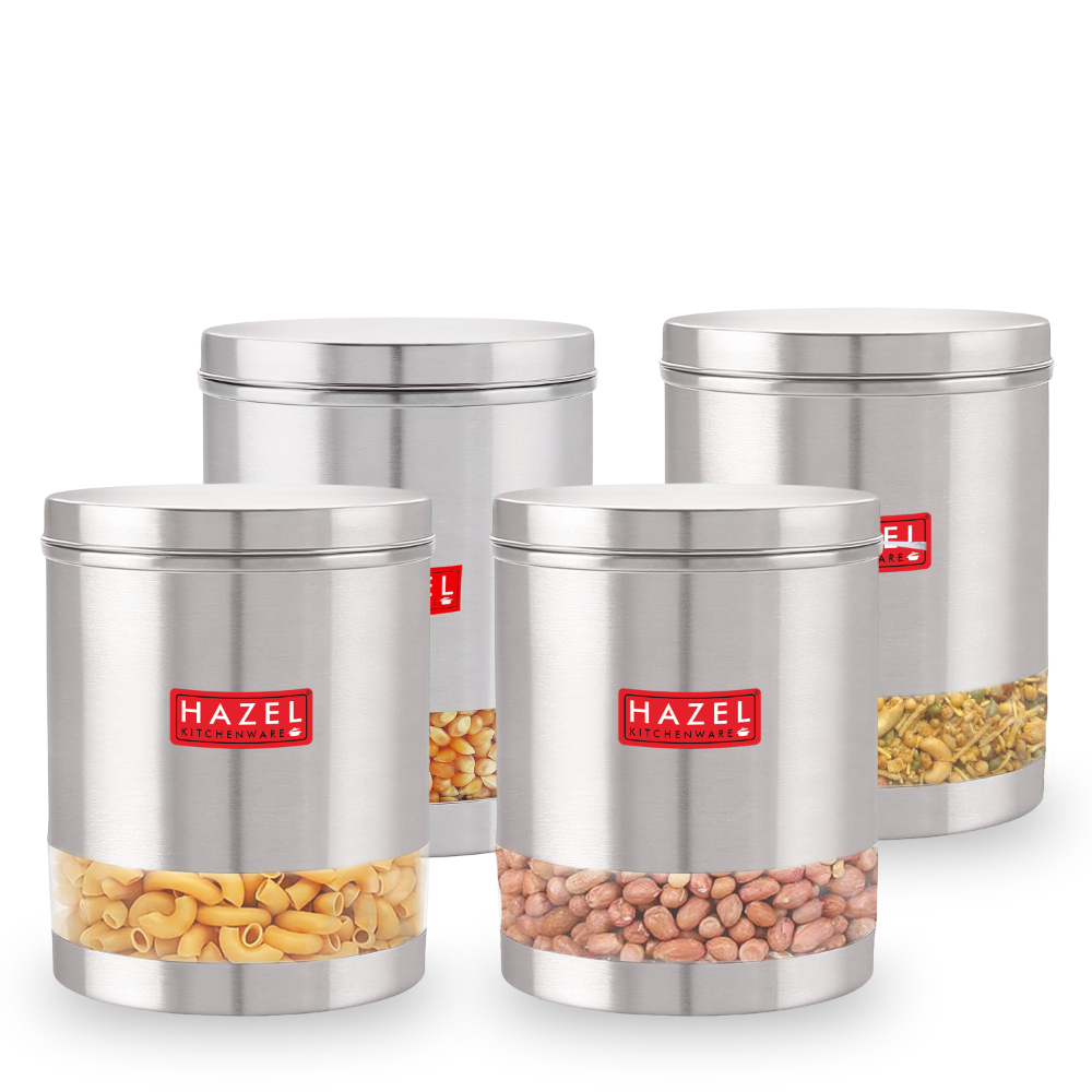 HAZEL Stainless Steel Transparent Wide Mouth See Through Container, Silver, Set of 4, 1350 Ml