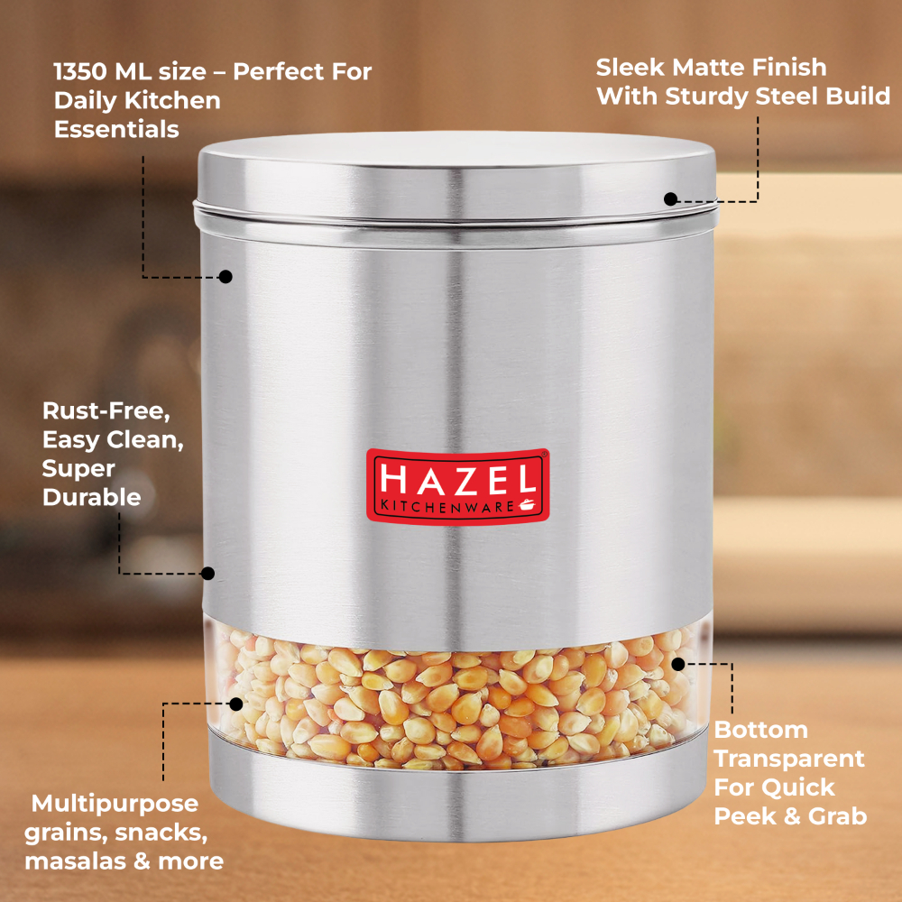HAZEL Stainless Steel Transparent Wide Mouth See Through Container, Silver, Set of 4, 1350 Ml