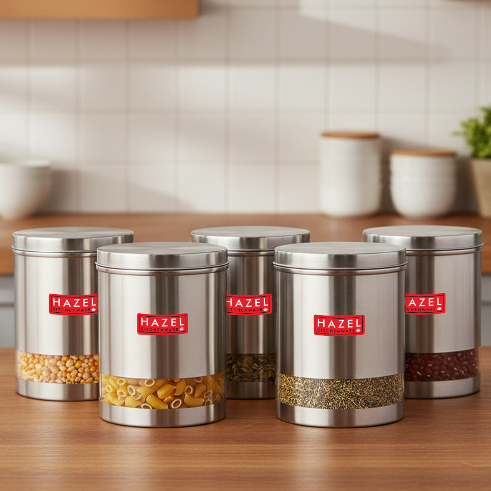 HAZEL Stainless Steel Transparent Wide Mouth See Through Container, Silver, Set of 5, 1350 Ml
