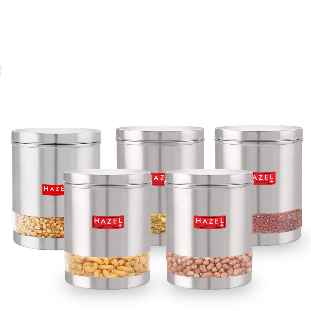 HAZEL Stainless Steel Transparent Wide Mouth See Through Container, Silver, Set of 5, 1350 Ml