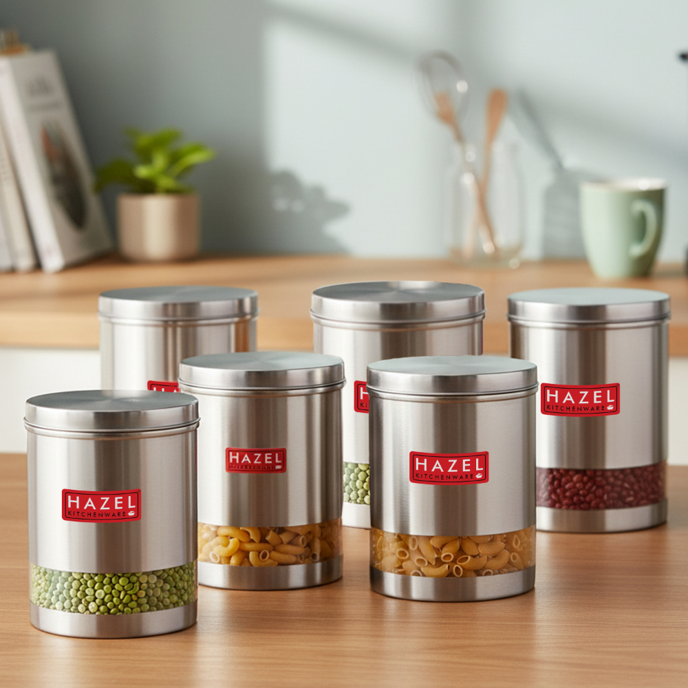 HAZEL Stainless Steel Transparent Wide Mouth See Through Container, Silver, Set of 6, 1350 Ml