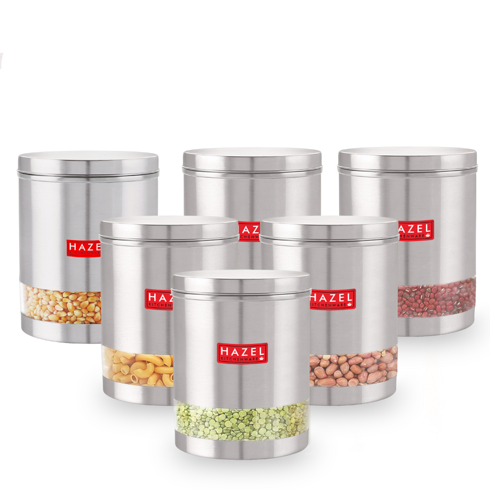HAZEL Stainless Steel Transparent Wide Mouth See Through Container, Silver, Set of 6, 1350 Ml