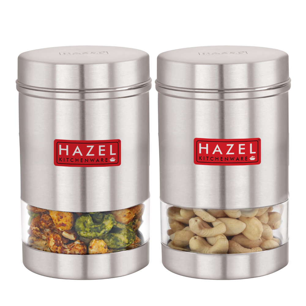 HAZEL Stainless Steel Kitchen Container | Transparent Kitchen Container Set with Matt Finish | Multipurpose Container for Kitchen Storage | Set of 2, 1700 ml Each