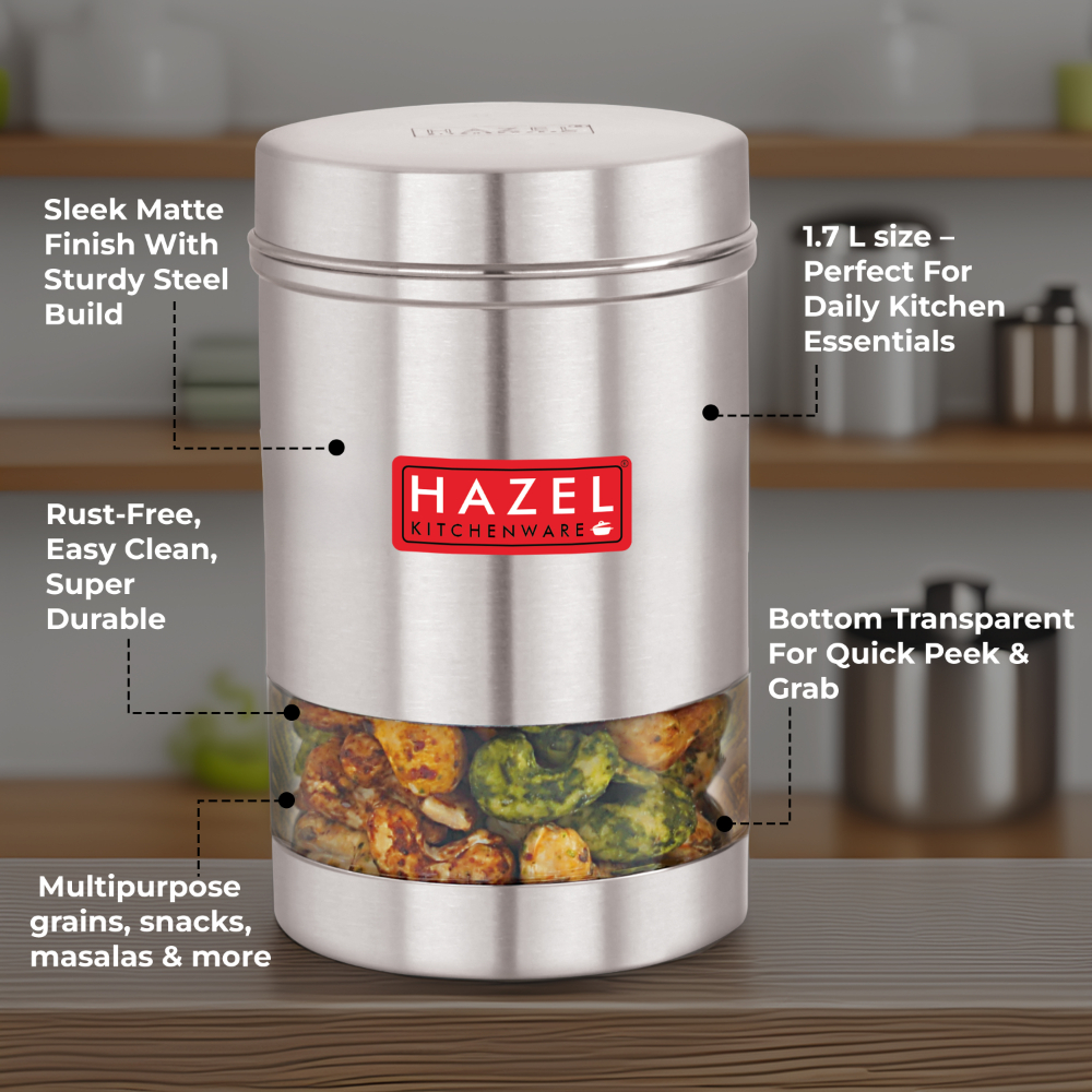 HAZEL Stainless Steel Kitchen Container | Transparent Kitchen Container Set with Matt Finish | Multipurpose Container for Kitchen Storage | Set of 2, 1700 ml Each