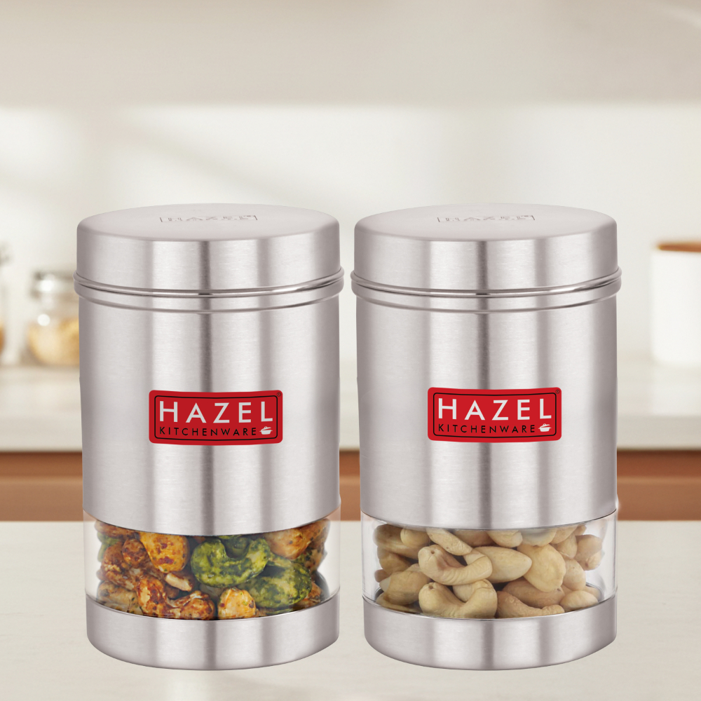 HAZEL Stainless Steel Kitchen Container | Transparent Kitchen Container Set with Matt Finish | Multipurpose Container for Kitchen Storage | Set of 2, 1700 ml Each
