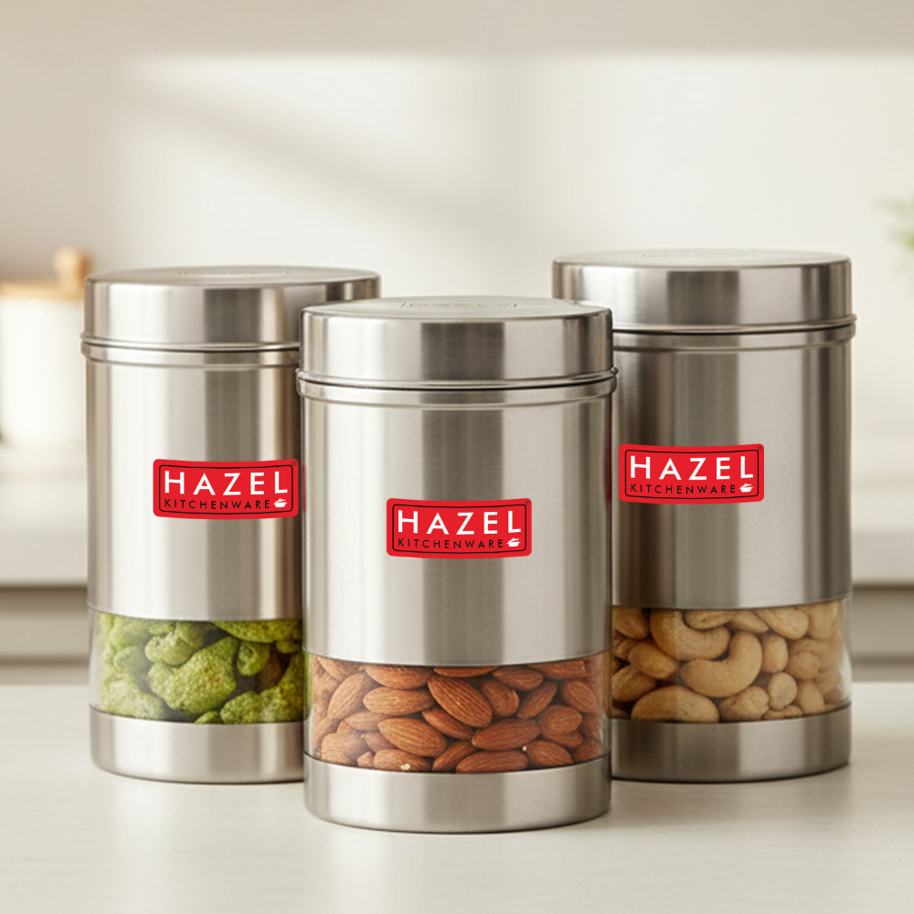 HAZEL Stainless Steel Kitchen Container | Transparent Kitchen Container Set with Matt Finish | Multipurpose Container for Kitchen Storage | Set of 3, 1700 ml Each