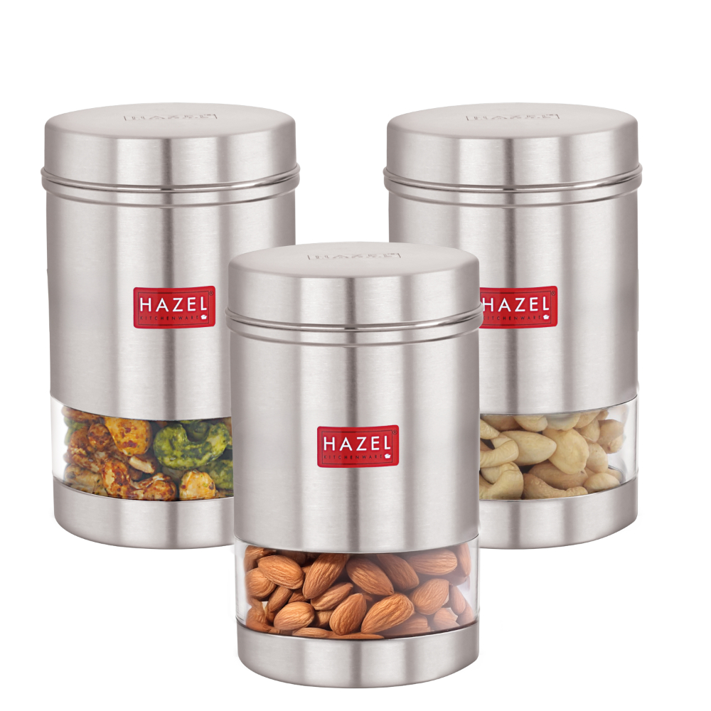 HAZEL Stainless Steel Kitchen Container | Transparent Kitchen Container Set with Matt Finish | Multipurpose Container for Kitchen Storage | Set of 3, 1700 ml Each