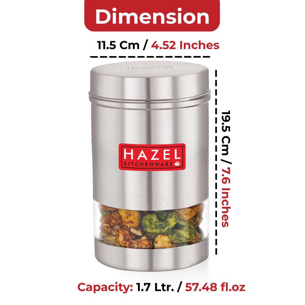 HAZEL Stainless Steel Kitchen Container | Transparent Kitchen Container Set with Matt Finish | Multipurpose Container for Kitchen Storage | Set of 3, 1700 ml Each