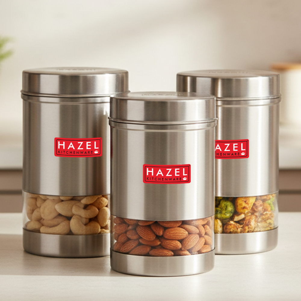HAZEL Stainless Steel Kitchen Container | Transparent Kitchen Container Set with Matt Finish | Multipurpose Container for Kitchen Storage | Set of 3, 1700 ml Each