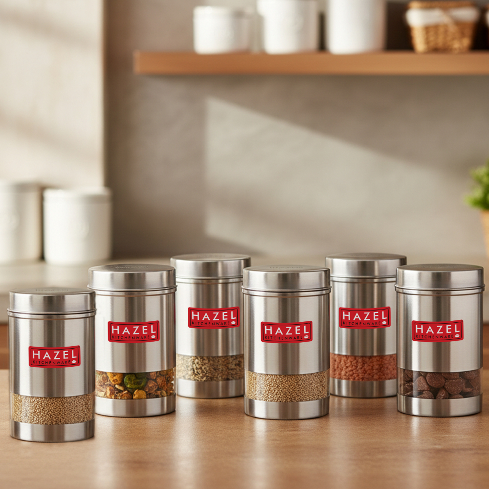 HAZEL Stainless Steel Kitchen Container | Transparent Kitchen Container Set with Matt Finish | Multipurpose Container for Kitchen Storage | Set of 6, 1700 ml Each