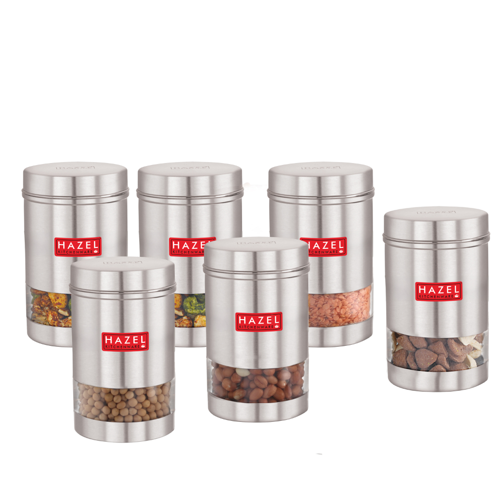HAZEL Stainless Steel Kitchen Container | Transparent Kitchen Container Set with Matt Finish | Multipurpose Container for Kitchen Storage | Set of 6, 1700 ml Each