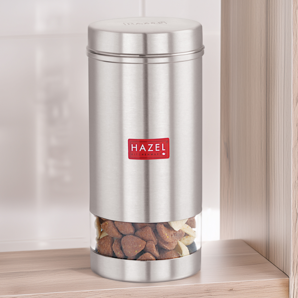 HAZEL Stainless Steel Silver Container | 1 LTR | Transparent See Through
