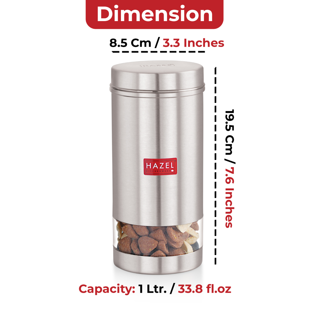 HAZEL Stainless Steel Silver Container | 1 LTR | Transparent See Through