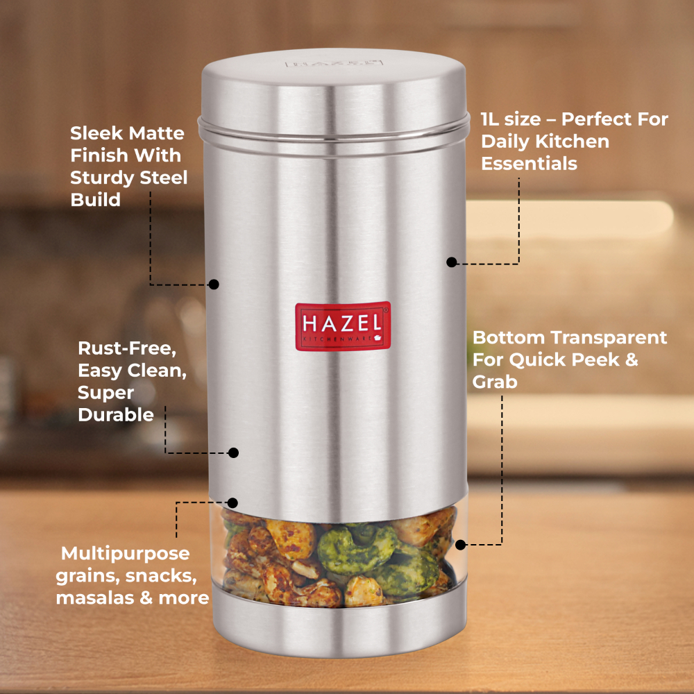HAZEL Stainless Steel Silver Container | 1 LTR | Transparent See Through