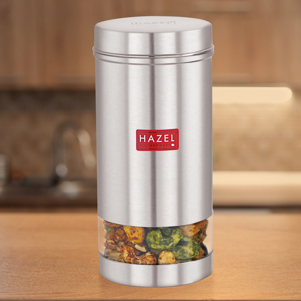 HAZEL Stainless Steel Silver Container | 1 LTR | Transparent See Through