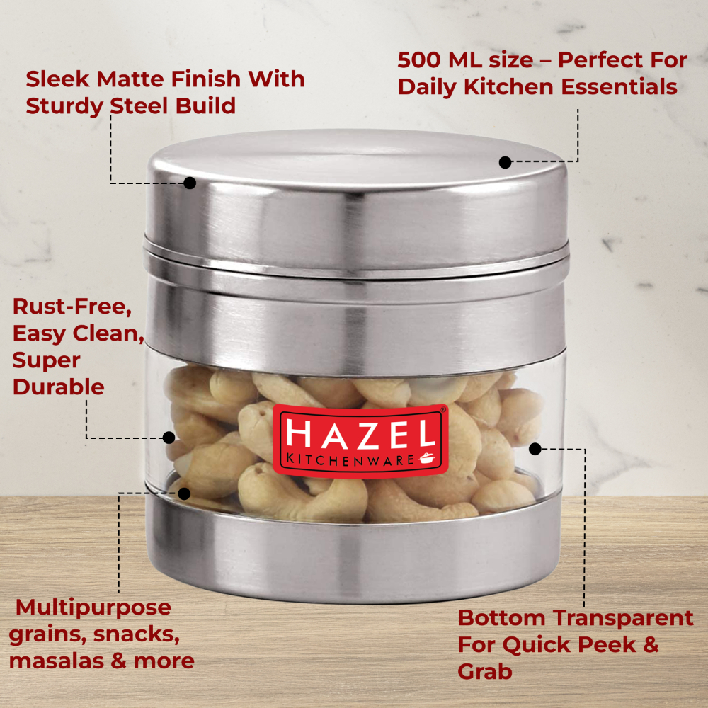 HAZEL Stainless Steel Transparent Wide Mouth See-Through Container, 1 PC, 500 ML