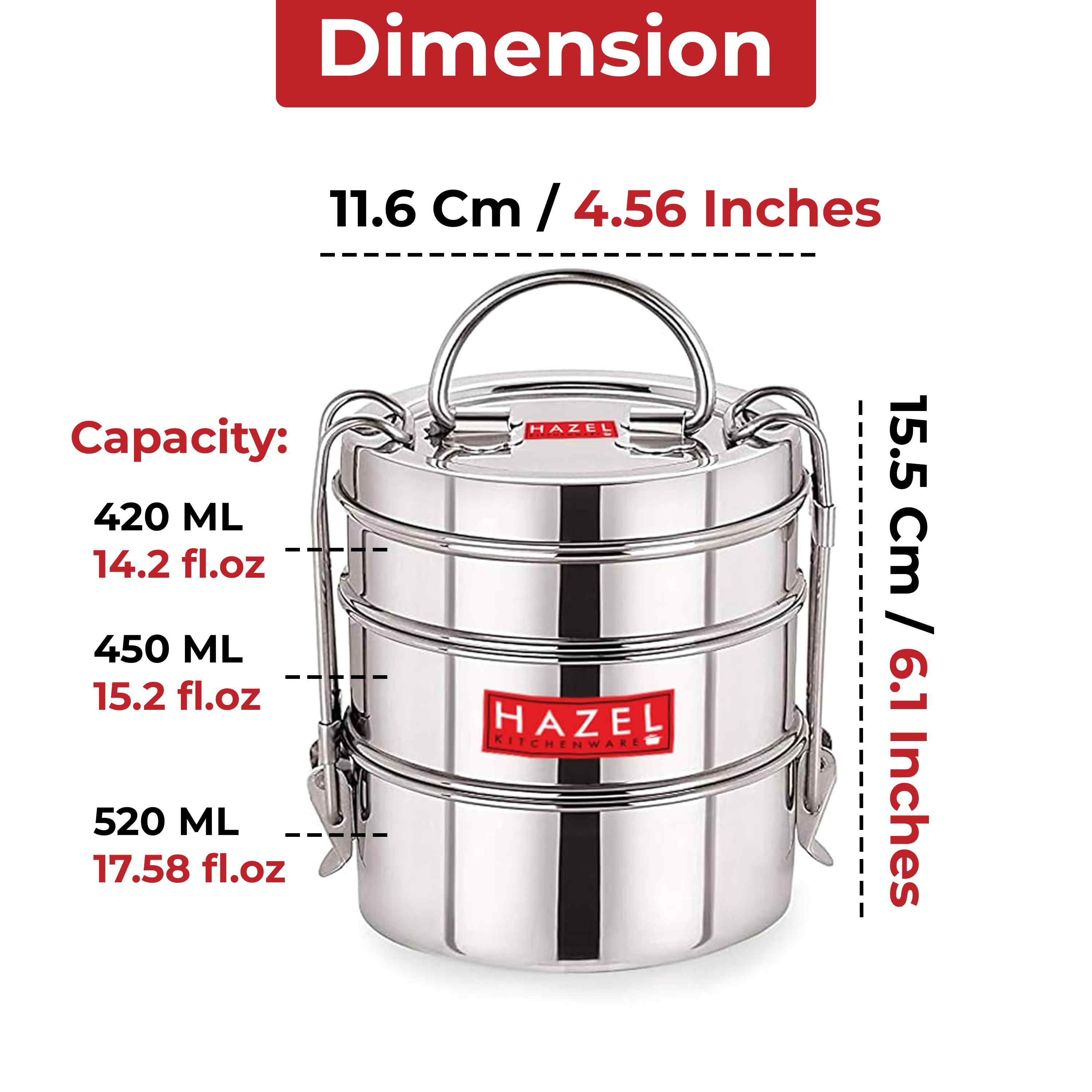 HAZEL Tiffin Box for Office With 3 Containers | Stainless Steel Lunch Box